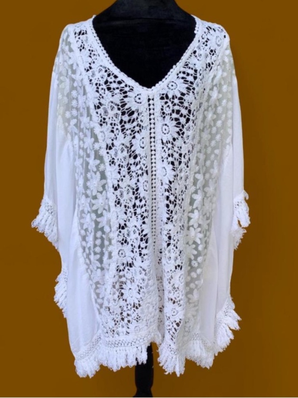 Coastal Boho White Crochet Lace Poncho with Floral Pattern